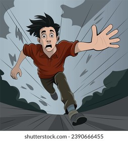 Vector illustration of a man running away in terror. The man has a scared face: his eyes are big and round, his mouth is open. The foreshortening of the figure enhances the expression of the image.