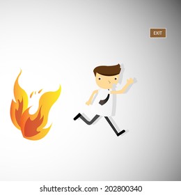 Vector / illustration. A man is running from fire. 