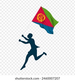 Vector illustration of man running and holding Eritrea flag in hands on transparent background