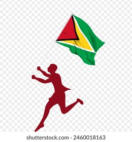 Ilustración vectorial de un hombre corriendo y sosteniendo la bandera de Guyana en las manos sobre fondo transparente