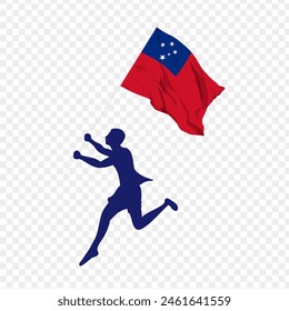 Ilustración vectorial de un hombre corriendo y sosteniendo la bandera de Samoa en las manos sobre fondo transparente