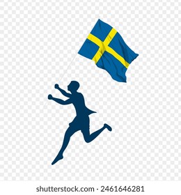 Vector illustration of man running and holding Sweden flag in hands on transparent background