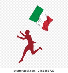 Vector illustration of man running and holding Italy flag in hands on transparent background