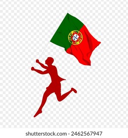 Vector illustration of man running and holding Portugal flag in hands on transparent background