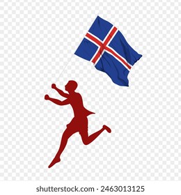 Vector illustration of man running and holding Iceland flag in hands on transparent background