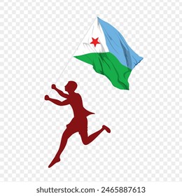 Vector illustration of man running and holding Djibouti flag in hands on transparent background