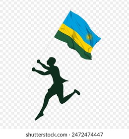 Vector illustration of man running and holding Rwanda flag in hands on transparent background