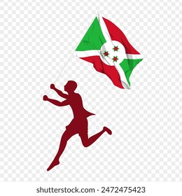 Vector illustration of man running and holding Burundi flag in hands on transparent background