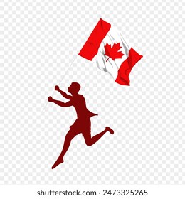 Vector illustration of man running and holding Canada flag in hands on transparent background