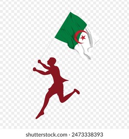 Vektorillustration eines Mannes, der die Algerienflagge in den Händen hält und auf durchsichtigem Hintergrund läuft