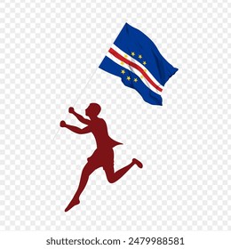 Vector illustration of man running and holding Cape Verde flag in hands on transparent background