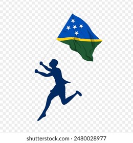 Ilustración vectorial de hombre corriendo y sosteniendo la bandera de las Islas Salomón en las manos sobre fondo transparente