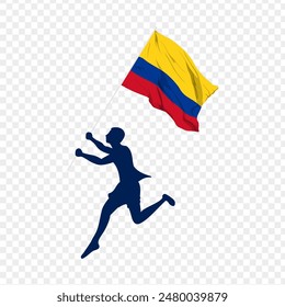 Vector illustration of man running and holding Colombia flag in hands on transparent background
