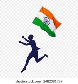 Ilustración vectorial de un hombre corriendo y sosteniendo la bandera de la India en las manos sobre fondo transparente