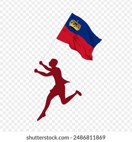 Vector illustration of man running and holding Liechtenstein flag in hands on transparent background