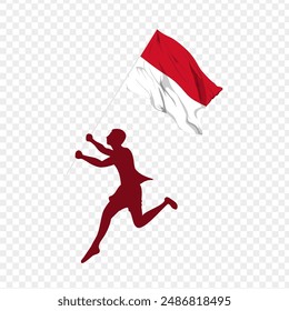 Vector illustration of man running and holding Indonesia flag in hands on transparent background