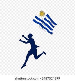 Vector illustration of man running and holding Uruguay flag in hands on transparent background