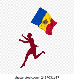 Vector illustration of man running and holding Moldova flag in hands on transparent background