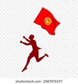 Vector illustration of man running and holding Kyrgyzstan flag in hands on transparent background