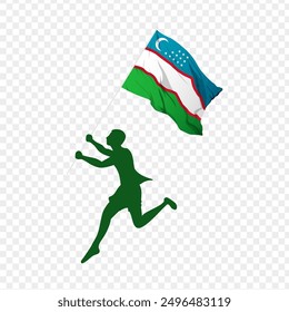 Vector illustration of man running and holding Uzbekistan flag in hands on transparent background