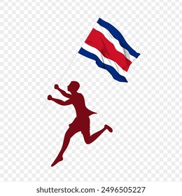 Vector illustration of man running and holding Costa Rica flag in hands on transparent background