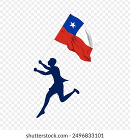 Vector illustration of man running and holding Chile flag in hands on transparent background