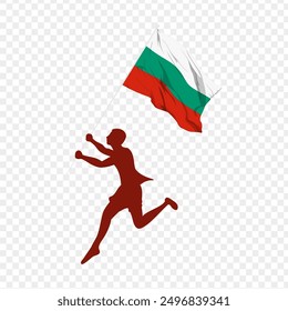 Vector illustration of man running and holding Bulgaria flag in hands on transparent background