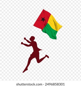 Vector illustration of man running and holding Guinea-Bissau flag in hands on transparent background