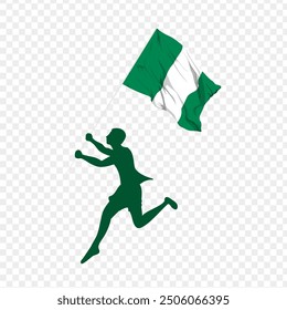 Vector illustration of man running and holding Nigeria flag in hands on transparent background