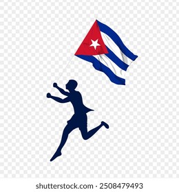 Vector illustration of man running and holding Cuba flag in hands on transparent background