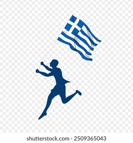 Vector illustration of man running and holding Greece flag in hands on transparent background