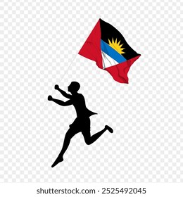 Vector illustration of man running and holding Antigua and Barbuda flag in hands on transparent background