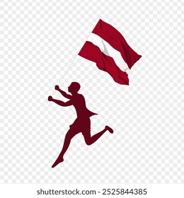 Vector illustration of man running and holding Latvia flag in hands on transparent background