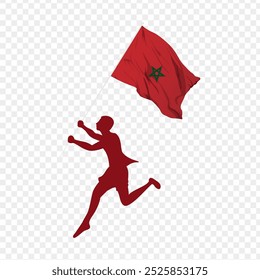 Vector illustration of man running and holding Morocco flag in hands on transparent background