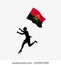 Vector illustration of man running and holding Angola flag in hands on transparent background