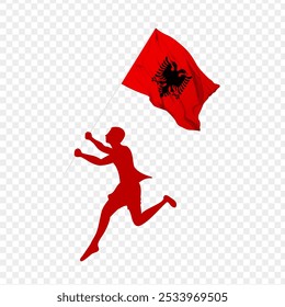 Vector illustration of man running and holding Albania flag in hands on transparent background