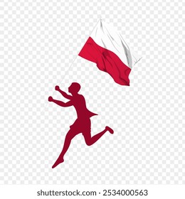 Vector illustration of man running and holding Poland flag in hands on transparent background
