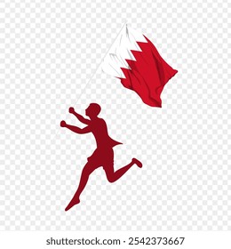 Vector illustration of man running and holding Bahrain flag in hands on transparent background