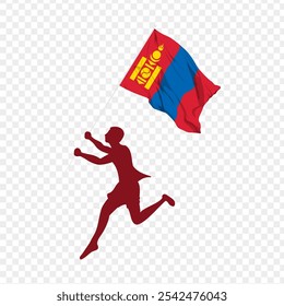 Vector illustration of man running and holding Mongolia flag in hands on transparent background