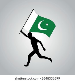 Vector illustration of man running and holding Pakistan flag in hands on light gray ingradient background