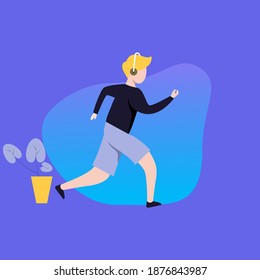 Vector illustration. man running or jogging in outdoor wearing a headset. Happy man training outdoor. Sports activity, healthy lifestyle. modern flat people character.