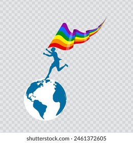 Vector illustration of man running with LGBTQ wavy flag on transparent background