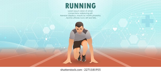 Vector illustration of a man running in mid-stride. He wears athletic clothing and appears in motion, with his arms and legs positioned for maximum speed. Simple gradient background included