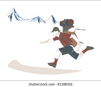 vector illustration of a man running in the mountains, backpack, climb, leave the hat on a white background