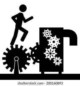 Vector / illustration. A man is running on a gear that is connected to a machine. 