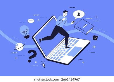 Vector illustration with man running out of a laptop screen holding phone and book. Online education and e-learning concept illustration. Remote training.