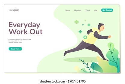 Vector illustration - man running in the park with bush in foreground. Clean and bright color flat design.