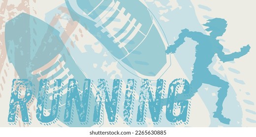 Vector illustration man running, sneakers, abstract backgroubd.