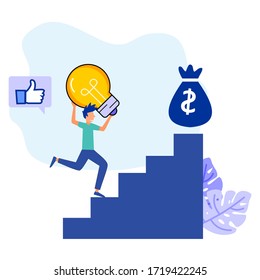 Vector illustration, Man running up the stairs with ideas, building and growing profits, career growth to success, flat color icons, business.