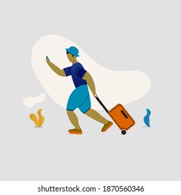 Vector illustration, a man is running with a suitcase to go on vacation, modern flat people character 